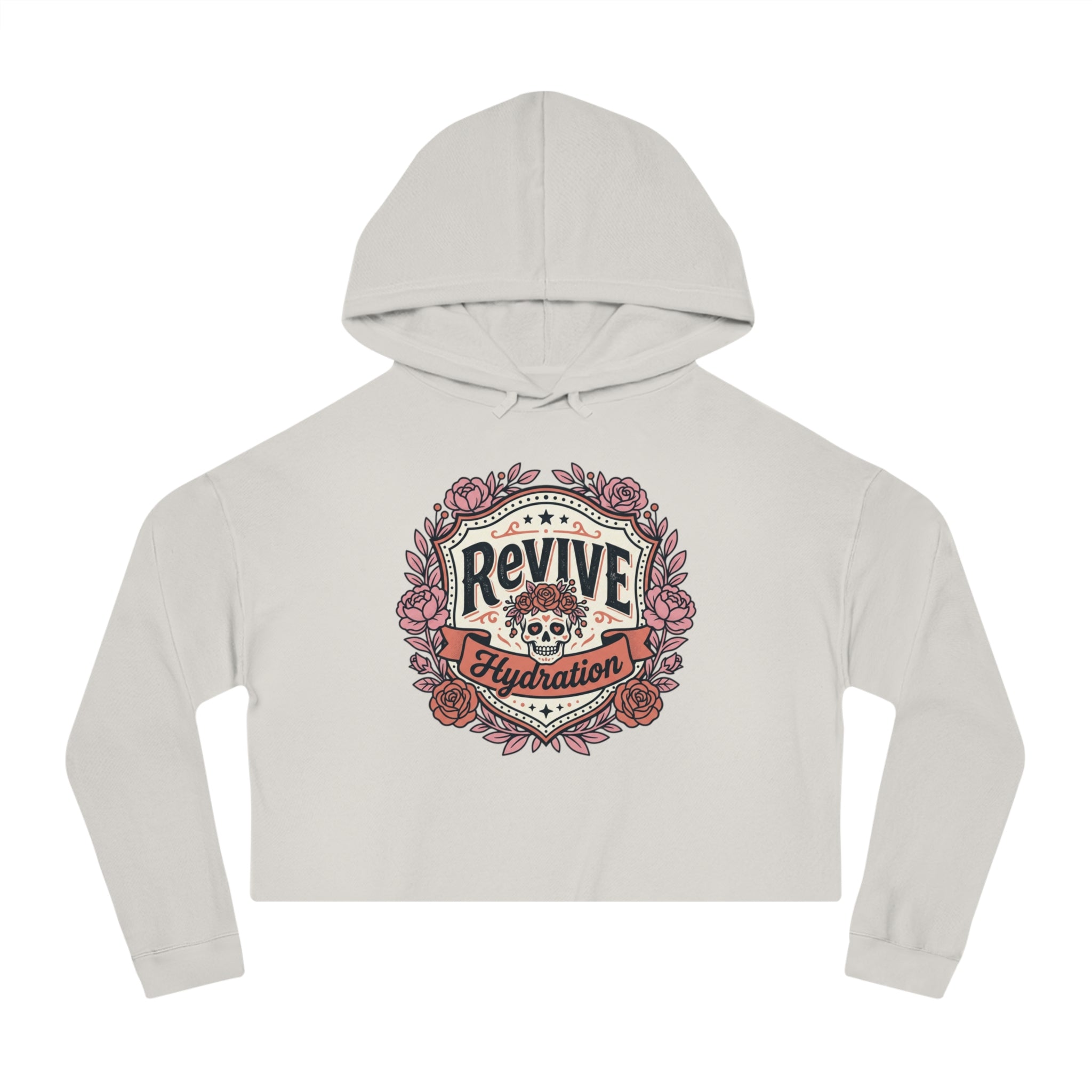 Cropped Hoodie — 'Revive Hydration' Floral Design (Back: Thank You for Caring Dog)