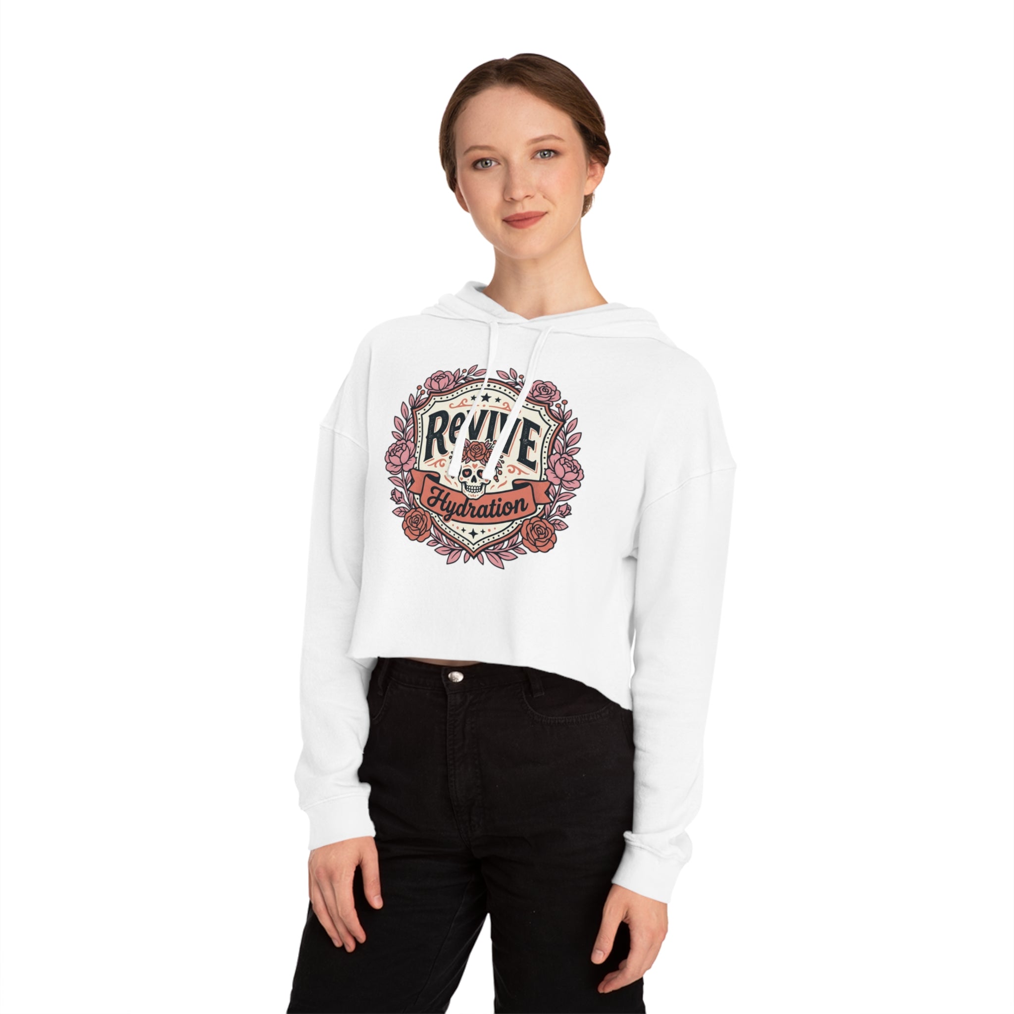 Cropped Hoodie — 'Revive Hydration' Floral Design (Back: Thank You for Caring Dog)