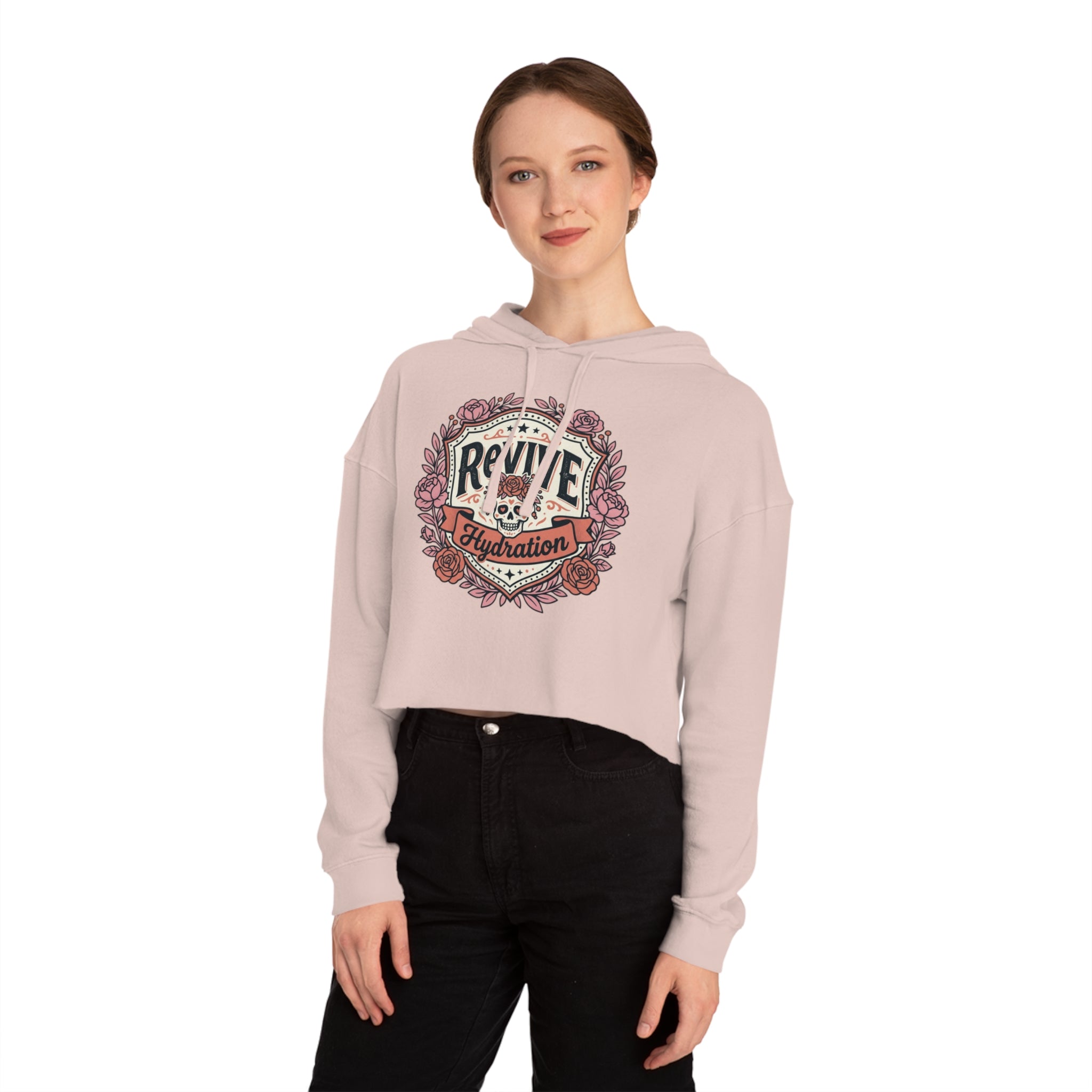 Cropped Hoodie — 'Revive Hydration' Floral Design (Back: Thank You for Caring Dog)