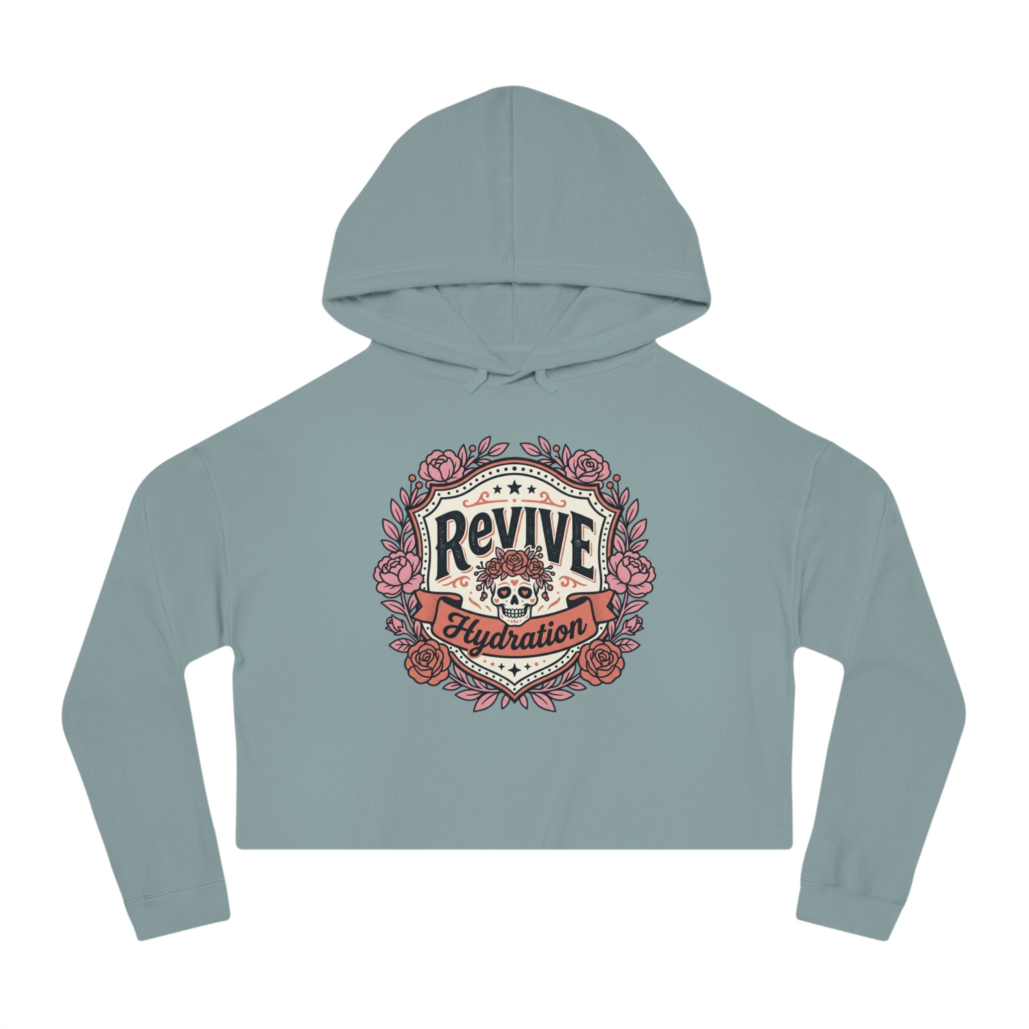 Cropped Hoodie — 'Revive Hydration' Floral Design (Back: Thank You for Caring Dog)